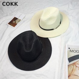COKK 2017 New Fashion Summer Beach Hat Large Brim Jazz Sun Hat Casual Unisex Panama Hat Straw Women Men Cap With Leather Chain